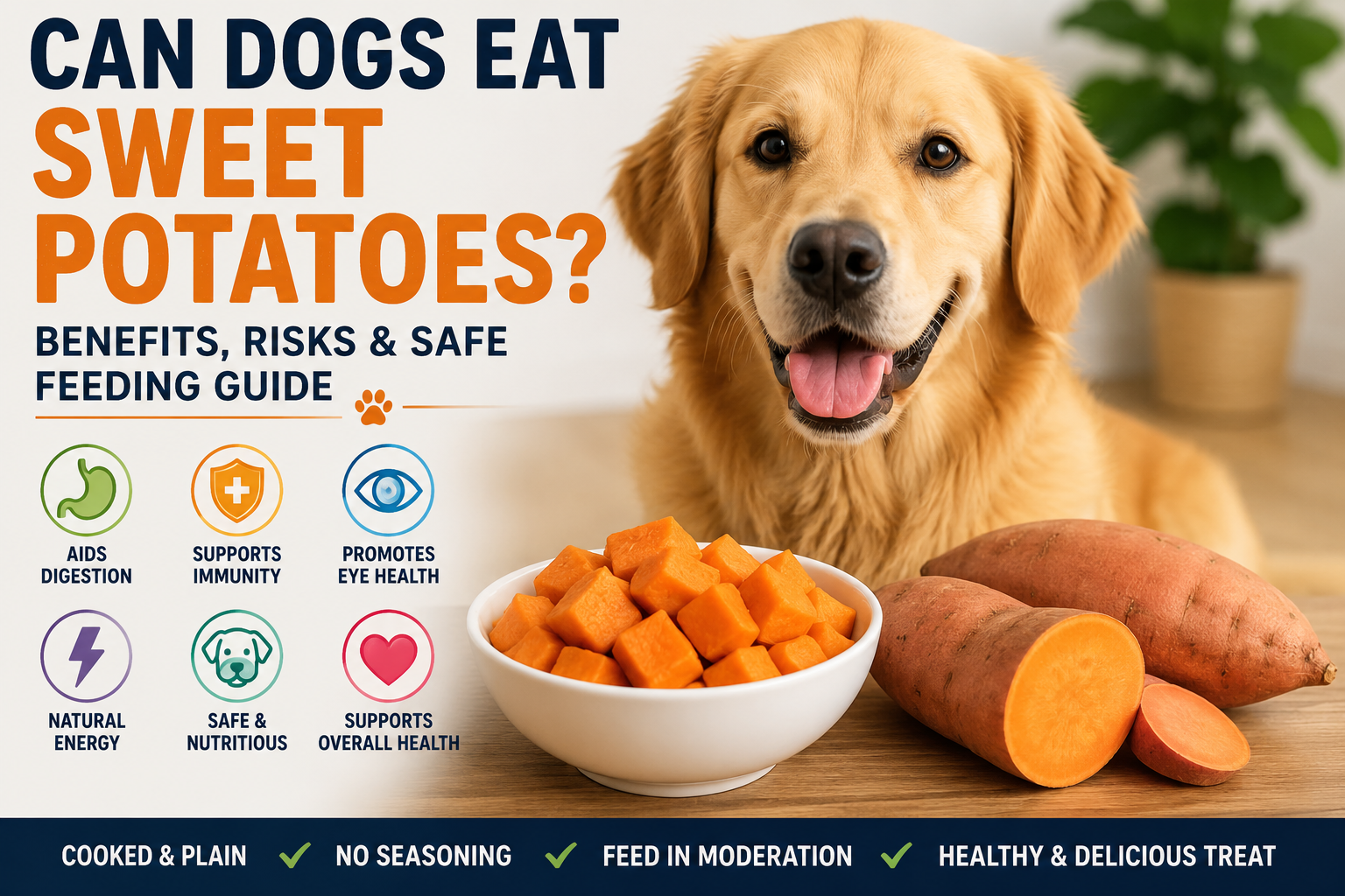 Golden retriever dog with sweet potatoes showing benefits, risks, and safe feeding guide for dogs