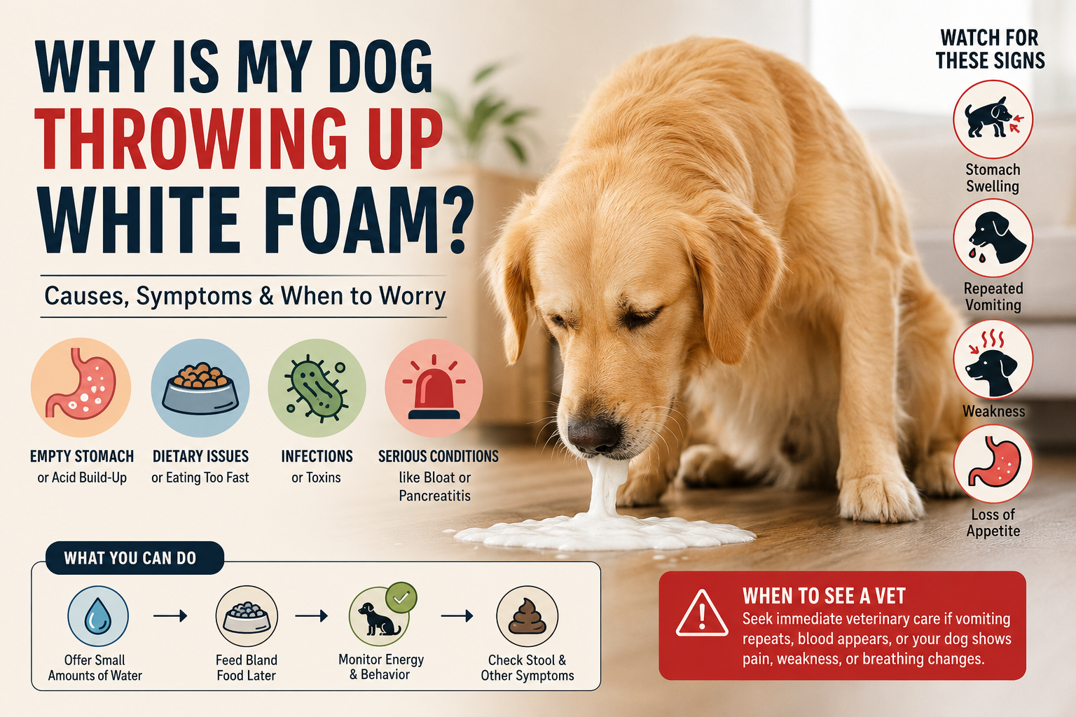 Dog vomiting white foam on floor with infographic showing causes, symptoms, and warning signs of dog throwing up white foam.