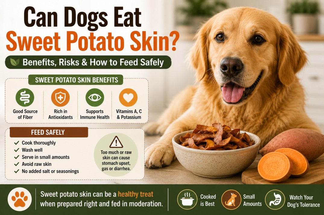 Alt text: Dog eating cooked sweet potato skin from a bowl as a healthy treat