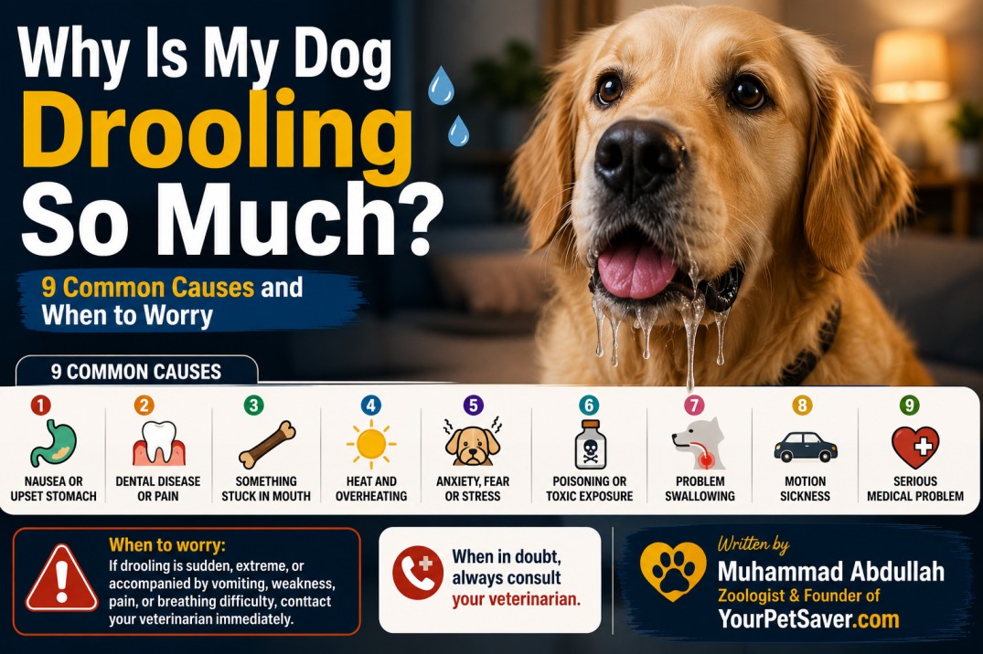 Dog drooling excessively due to possible nausea, dental problems, heat, anxiety, or other health issues