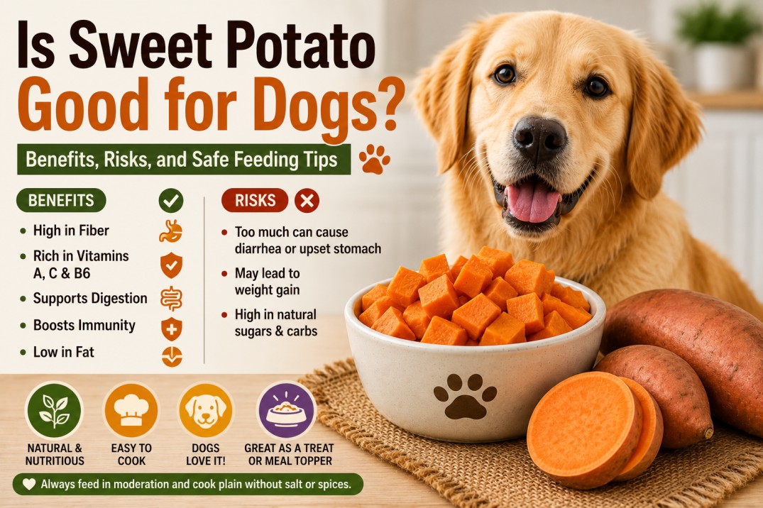 Golden retriever with cooked sweet potatoes showing healthy dog-friendly food benefits